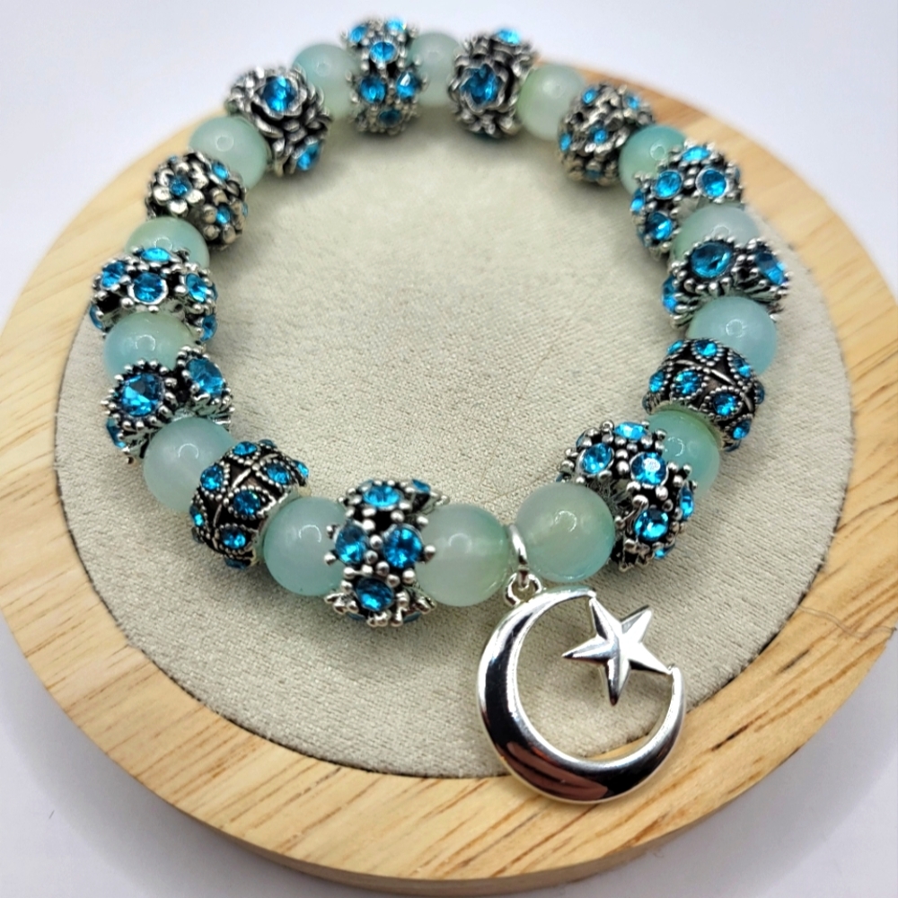 🌙 Aventurine Stone with Bedazzled Beads Bracelet ( Silver Plated Charm )